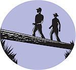 Illustration of  two trampers hikers crossing a deep ravine on a single log bridge set inside oval shape viewed from low angle done in retro woodcut style.