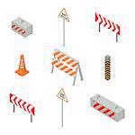 Set of road signs repairs isolated on white background. Isometric style, vector illustration.
