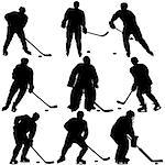 Set of silhouettes hockey player. Isolated on white. Vector illustrations.