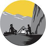 Two people sitting around a campfire. One kneeling and cooking, while one sitting on a log and looking up at 1000 foot sheer wall about 50 yards away set inside circle with mountains in the background done in retro woodcut style.