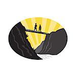 Illustration of  two trampers hikers crossing a deep ravine with river below on a single log bridge set inside oval shape viewed from low angle with sunburst in the background done in retro woodcut style.