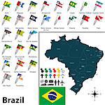 Vector map of Brazil with regions and flags of states