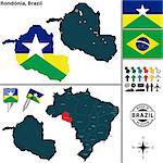 Vector map of region of Rondonia with flags and location on Brazilian map