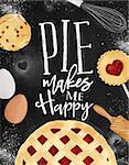 Poster pie with illustrated cookie, egg, whisk, rolling pin in vintage style lettering pie makes me happy drawing on chalkboard background