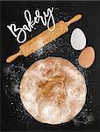 Poster bakery with illustrated egg, rolling pin, bread in vintage style lettering bakery drawing on chalkboard background