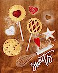 Poster sweets with illustrated star, pie, cookie, egg, whisk, rolling pin in retro style lettering sweets drawing on craft background