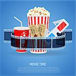 Cinema and Movie time concept with flat icons transparent film, popcorn, drink in paper cup, 3d glasses and tickets , isolated vector illustration