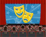 cinema auditorium flat icons with seats, audience and theater masks on screen, vector illustration