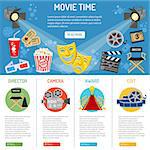 Cinema and Movie time infographics with flat icons theater masks, popcorn, tickets, spotlights, award, vector illustration