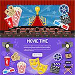 Cinema and Movie horizontal banners with flat icons seats, audience, theater masks, award, popcorn, vector illustration
