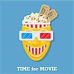 Cinema and Movie time concept with flat icons popcorn, masks, 3D glasses and tickets, isolated vector illustration