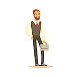 Beardy Businessman With Suitcase, Business Office Employee In Official Dress Code Clothing Busy At Work Smiling Cartoon Characters. Part Of Marketing And Management Series Of Vector Illustrations.