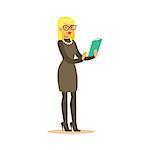 Businesswoman With Clipboard, Business Office Employee In Official Dress Code Clothing Busy At Work Smiling Cartoon Characters. Part Of Marketing And Management Series Of Vector Illustrations.