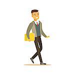 Businessman Walking Fith Folder, Business Office Employee In Official Dress Code Clothing Busy At Work Smiling Cartoon Characters. Part Of Marketing And Management Series Of Vector Illustrations.