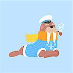 Walrus Smoking Pipe In Captain Outfit, Arctic Animal Dressed In Winter Human Clothes Cartoon Character. Cold Region Fauna And Warm Clothing Funky Vector Illustration.