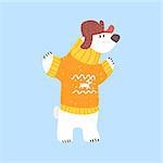 Polar White Bear In Sweater And Cap With Ear Flaps, Arctic Animal Dressed In Winter Human Clothes Cartoon Character. Cold Region Fauna And Warm Clothing Funky Vector Illustration.