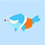 Blue Whale Smoking Pipe In Padded Coat,Arctic Animal Dressed In Winter Human Clothes Cartoon Character. Cold Region Fauna And Warm Clothing Funky Vector Illustration.
