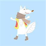 Polar White Fox In Vest And Scarf, Arctic Animal Dressed In Winter Human Clothes Cartoon Character. Cold Region Fauna And Warm Clothing Funky Vector Illustration.