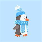 Penguin In Blue Scarf And Hat, Arctic Animal Dressed In Winter Human Clothes Cartoon Character. Cold Region Fauna And Warm Clothing Funky Vector Illustration.