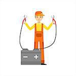 Smiling Mechanic Charging The Battery In The Garage, Car Repair Workshop Service Illustration. Cartoon Male Character In Dungarees Working In Auto Repair Shop.