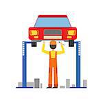 Smiling Mechanic Working Under Lifted Vehicle In The Garage, Car Repair Workshop Service Illustration. Cartoon Male Character In Dungarees Working In Auto Repair Shop.