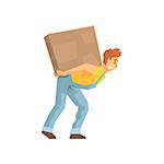 Mover Carrying A Large Box On His Back, Delivery Company Employee Delivering Shipments Illustration. Part Of Manual Laborer Loading And Bringing Items Cartoon Characters Set.