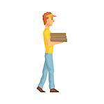 Guy Carrying Pile Of Pizza Boxes, Delivery Company Employee Delivering Shipments Illustration. Part Of Manual Laborer Loading And Bringing Items Cartoon Characters Set.