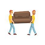 Two Movers Carrying Sofa For Ressetlement,Delivery Company Employees Delivering Shipments Illustration. Part Of Manual Laborer Loading And Bringing Items Cartoon Characters Set.