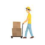 Cautious Worker With Cart An Boxes, Delivery Company Employee Delivering Shipments Illustration. Part Of Manual Laborer Loading And Bringing Items Cartoon Characters Set.