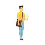 Smiling Man With Clipboard And Papers Bag, Delivery Company Employee Delivering Shipments Illustration. Part Of Manual Laborer Loading And Bringing Items Cartoon Characters Set.