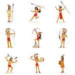 Native American Tribe Members In Traditional Indian Clothing With Weapons And Other Cultural Objects Series Of Cartoon Characters. Vector Illustrations With Classic North America Indians In Simple Colorful Style.