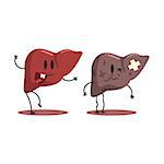 Liver Human Internal Organ Healthy Vs Unhealthy, Medical Anatomic Funny Cartoon Character Pair In Comparison Happy Against Sick And Damaged. Vector Illustration Humanized Anatomic Elements.