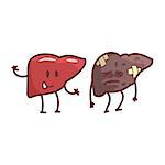 Liver Human Internal Organ Healthy Vs Unhealthy, Medical Anatomic Funny Cartoon Character Pair In Comparison Happy Against Sick And Damaged. Vector Illustration Humanized Anatomic Elements.