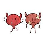 Bladder Human Internal Organ Healthy Vs Unhealthy, Medical Anatomic Funny Cartoon Character Pair In Comparison Happy Against Sick And Damaged. Vector Illustration Humanized Anatomic Elements.