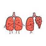 Lungs Human Internal Organ Healthy Vs Unhealthy, Medical Anatomic Funny Cartoon Character Pair In Comparison Happy Against Sick And Damaged. Vector Illustration Humanized Anatomic Elements.