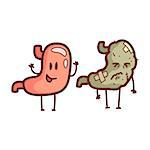 Stomach Human Internal Organ Healthy Vs Unhealthy, Medical Anatomic Funny Cartoon Character Pair In Comparison Happy Against Sick And Damaged. Vector Illustration Humanized Anatomic Elements.
