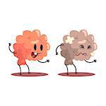 Brain Human Internal Organ Healthy Vs Unhealthy, Medical Anatomic Funny Cartoon Character Pair In Comparison Happy Against Sick And Damaged. Vector Illustration Humanized Anatomic Elements.