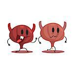 Bladder Human Internal Organ Healthy Vs Unhealthy, Medical Anatomic Funny Cartoon Character Pair In Comparison Happy Against Sick And Damaged. Vector Illustration Humanized Anatomic Elements.