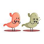 Stomach Human Internal Organ Healthy Vs Unhealthy, Medical Anatomic Funny Cartoon Character Pair In Comparison Happy Against Sick And Damaged. Vector Illustration Humanized Anatomic Elements.