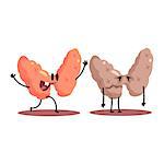 Thyroid Human Internal Organ Healthy Vs Unhealthy, Medical Anatomic Funny Cartoon Character Pair In Comparison Happy Against Sick And Damaged. Vector Illustration Humanized Anatomic Elements.