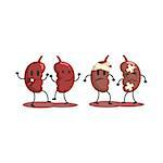 Kidneys Human Internal Organ Healthy Vs Unhealthy, Medical Anatomic Funny Cartoon Character Pair In Comparison Happy Against Sick And Damaged. Vector Illustration Humanized Anatomic Elements.
