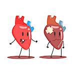 Heart Human Internal Organ Healthy Vs Unhealthy, Medical Anatomic Funny Cartoon Character Pair In Comparison Happy Against Sick And Damaged. Vector Illustration Humanized Anatomic Elements.