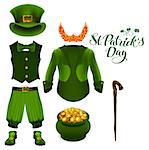 Set of accessories for St. Patricks Day. Green suit, hat, pot of gold, red beard, boots, pants, clover. Isolated on white vector illustration