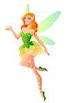 Beautiful flying and presenting fairy in green dress with dragonfly wings. Cartoon style vector illustration isolated on white background.