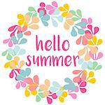 Hello summer watercolor vector wreath card isolated on white background