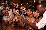 Young adult friends making a toast by the bar at a party