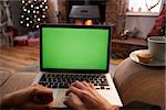 Man Using Laptop In Room Decorated For Christmas