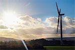 Sunlit silhouetted wind turbine in rural landscape
