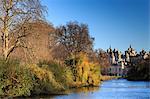 St. James's Park, with view across lake to Horse Guards, sunny late autumn, Whitehall, London, England, United Kingdom, Europe