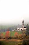 Mist and colourful trees surround the alpine church in the fall, St. Magdalena, Funes Valley, South Tyrol, Dolomites, Italy, Europe